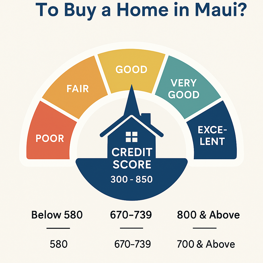Infographic showing required credit scores to buy a home in Maui, including FHA, VA, and conventional loan options, plus tips for improving credit and qualifying for a mortgage.