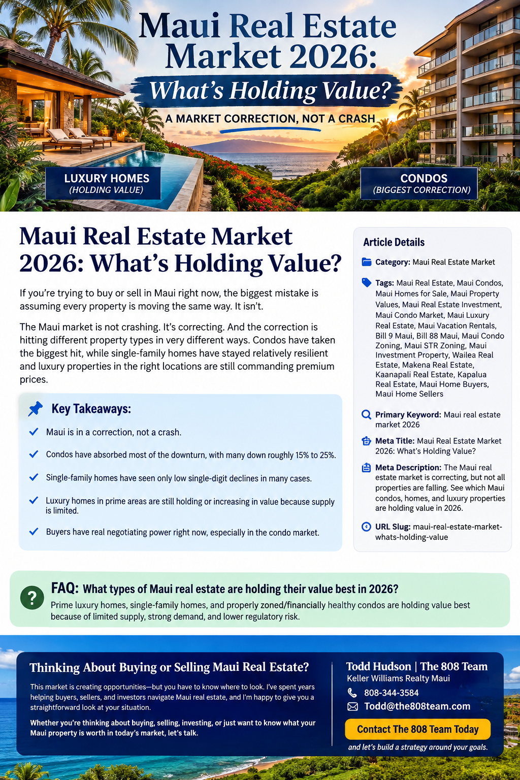 Maui real estate market 2026 showing Maui condos, luxury homes, and property values during the current market correction.