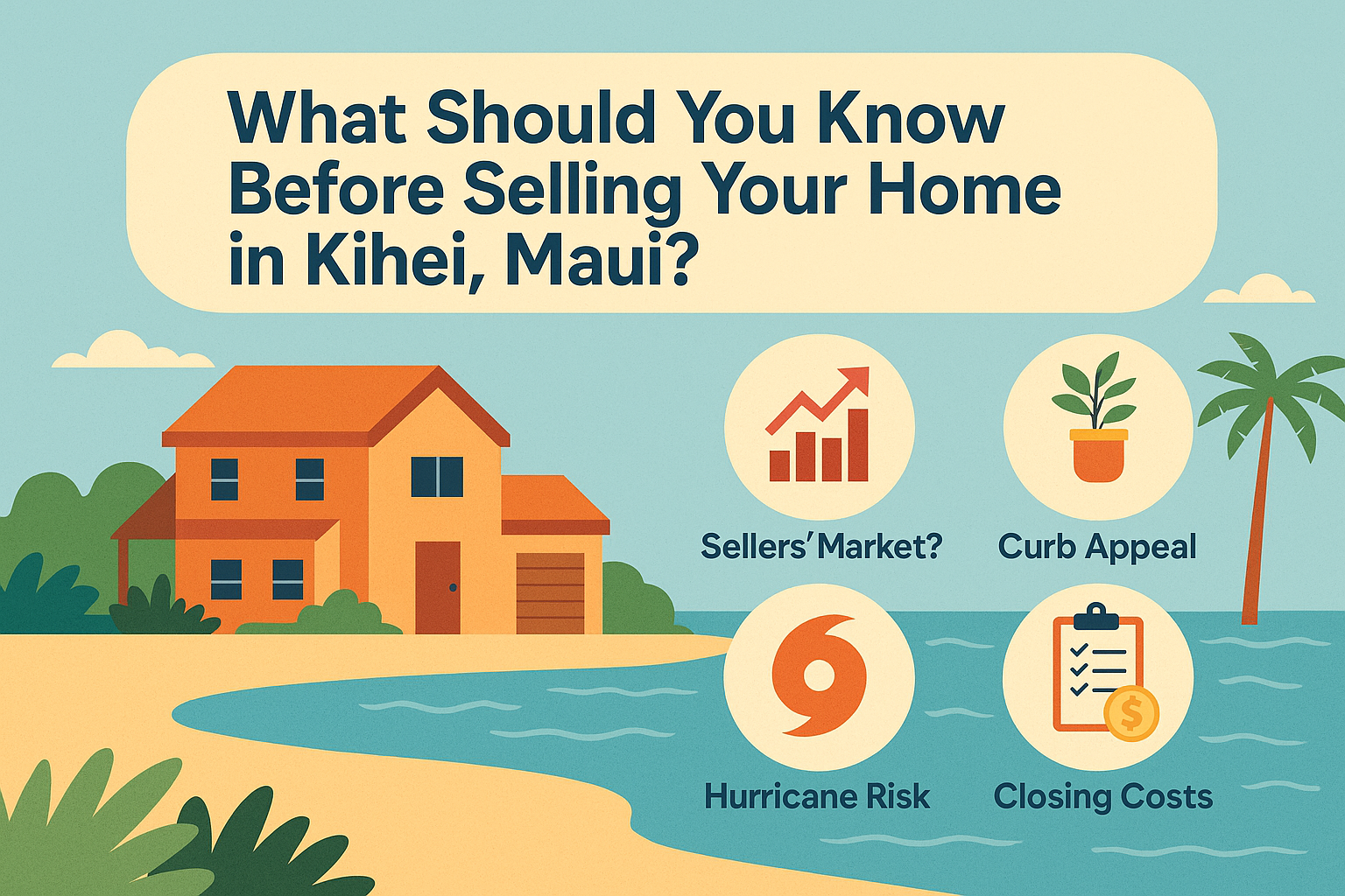 Illustration showing a sunny Kihei neighborhood with a real estate sign and checklist, representing tips for selling a home in Maui.