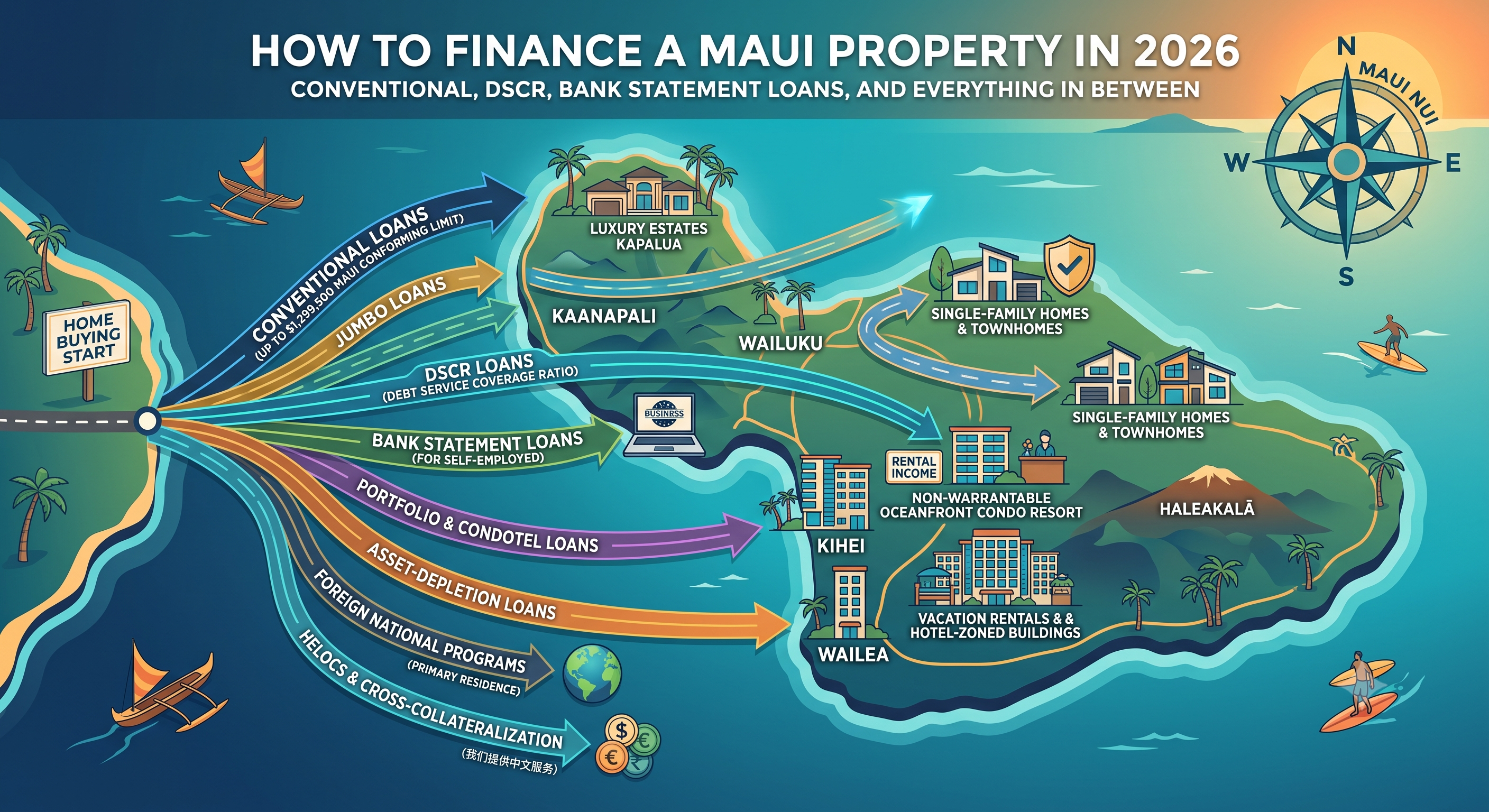 Aerial view of Maui with financing document overlay — guide to Maui property loan options