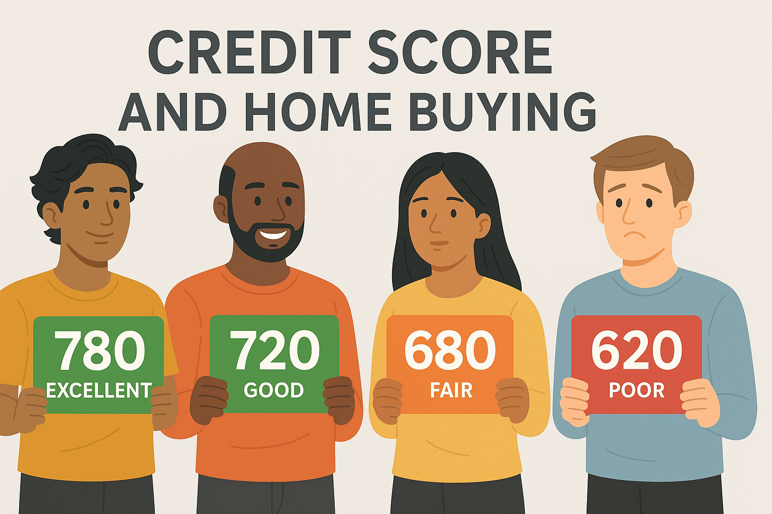 Illustration showing diverse Maui homebuyers exploring financing options with various credit scores, alongside FHA, VA, and USDA loan icons.