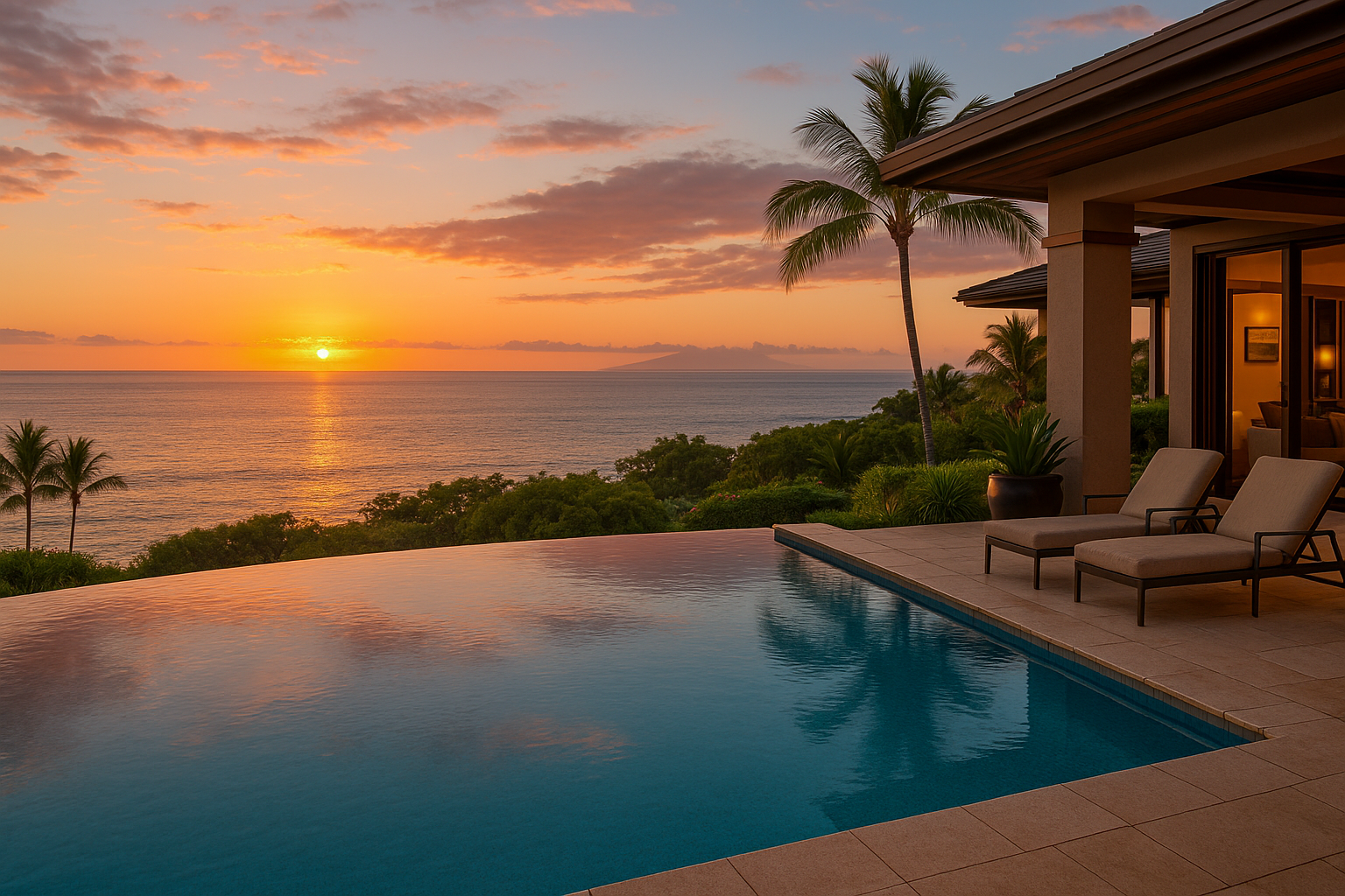 Infinity pool at a luxury Wailea estate overlooking the Pacific Ocean at sunset with panoramic coastal views.