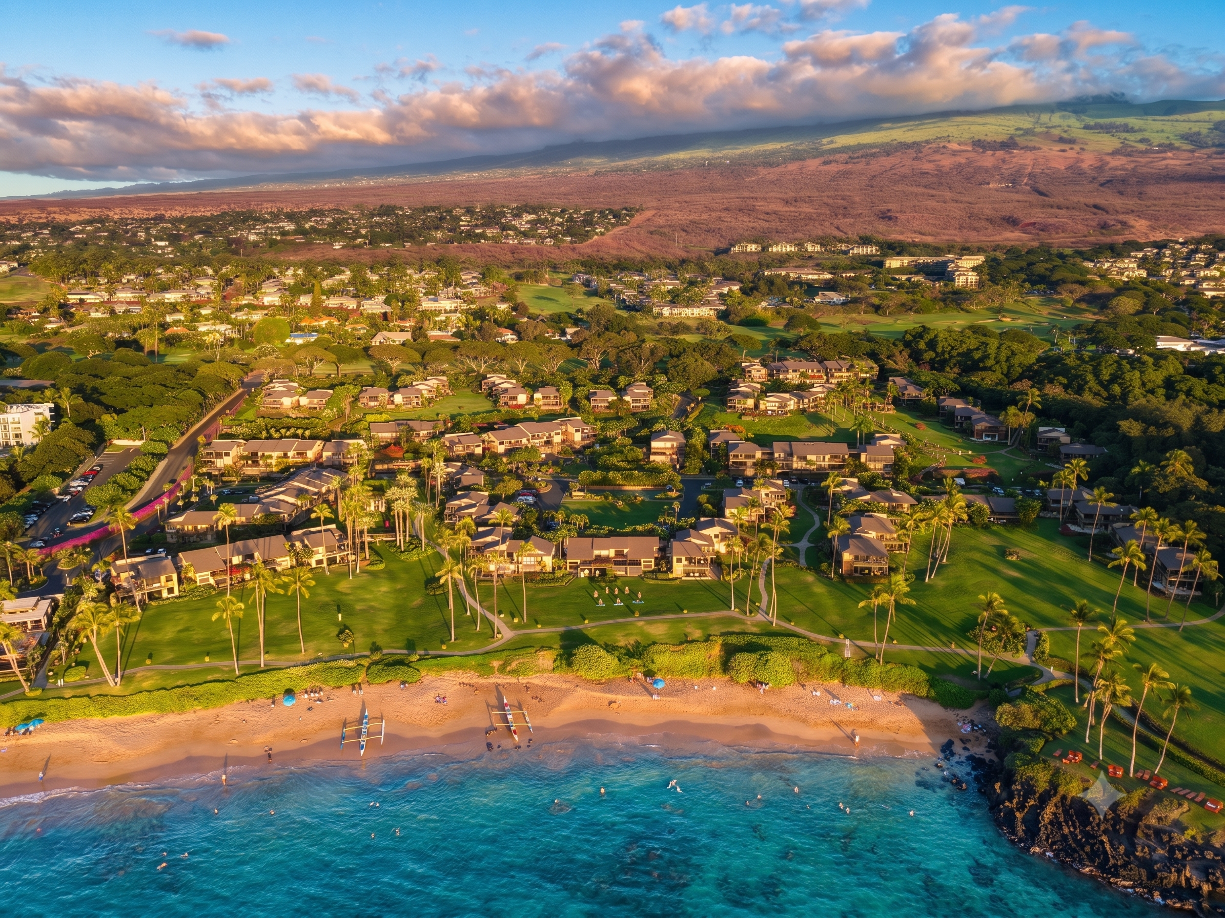 Oceanfront vacation rental condominium complex with lush tropical landscaping in South Maui, Hawaii