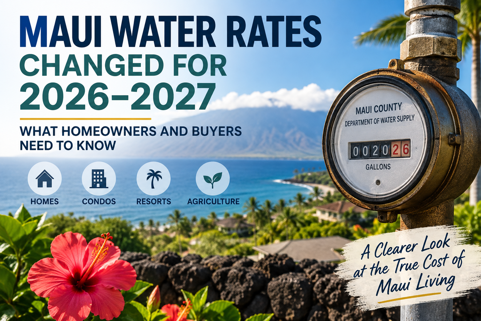 Maui water rates 2026–2027 graphic showing a water meter, Maui coastline, and rate categories for homes, condos, resorts, and agriculture.