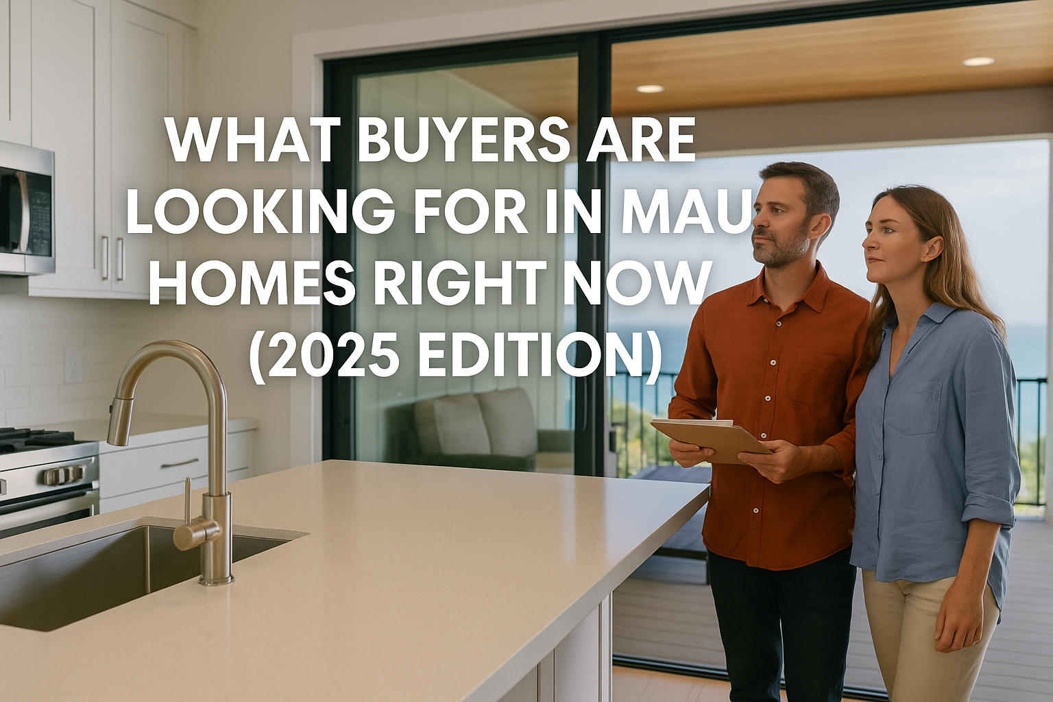 Homebuyer reviewing updated kitchen and ocean-view lanai in a Maui home in 2025