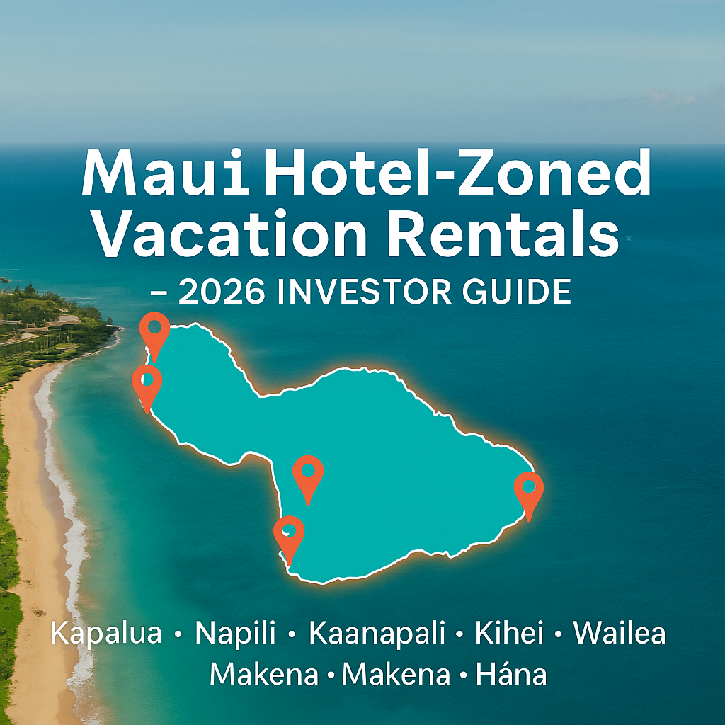 Map of Maui showing hotel-zoned and resort-zoned areas where short-term vacation rentals are legal in 2026, including Kapalua, Napili, Kaanapali, Kihei, Wailea, Makena, and Hāna.