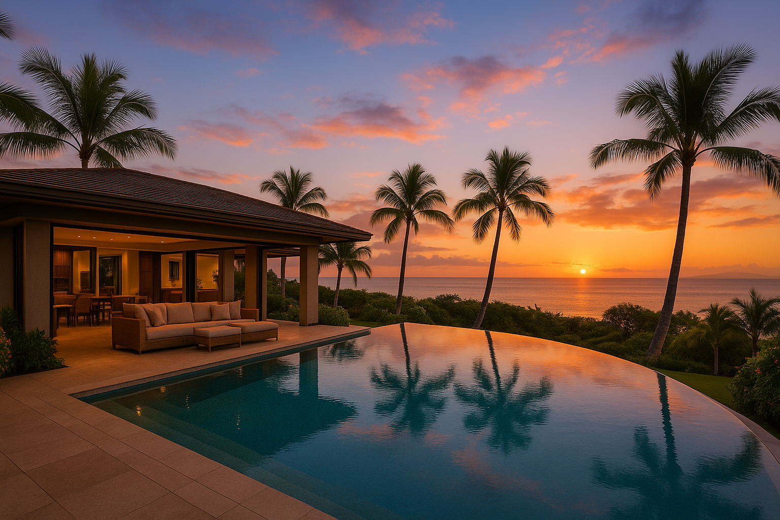 Infinity pool overlooking the Pacific Ocean at a luxury estate in Wailea, Maui