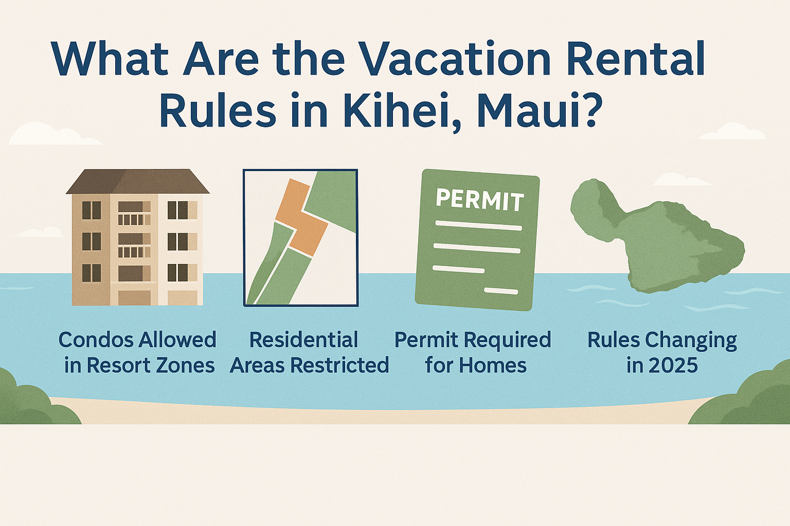 Infographic illustrating the question “What Are the Vacation Rental Rules in Kihei, Maui?” with visuals representing condos, zoning maps, permits, and Maui's coastline.