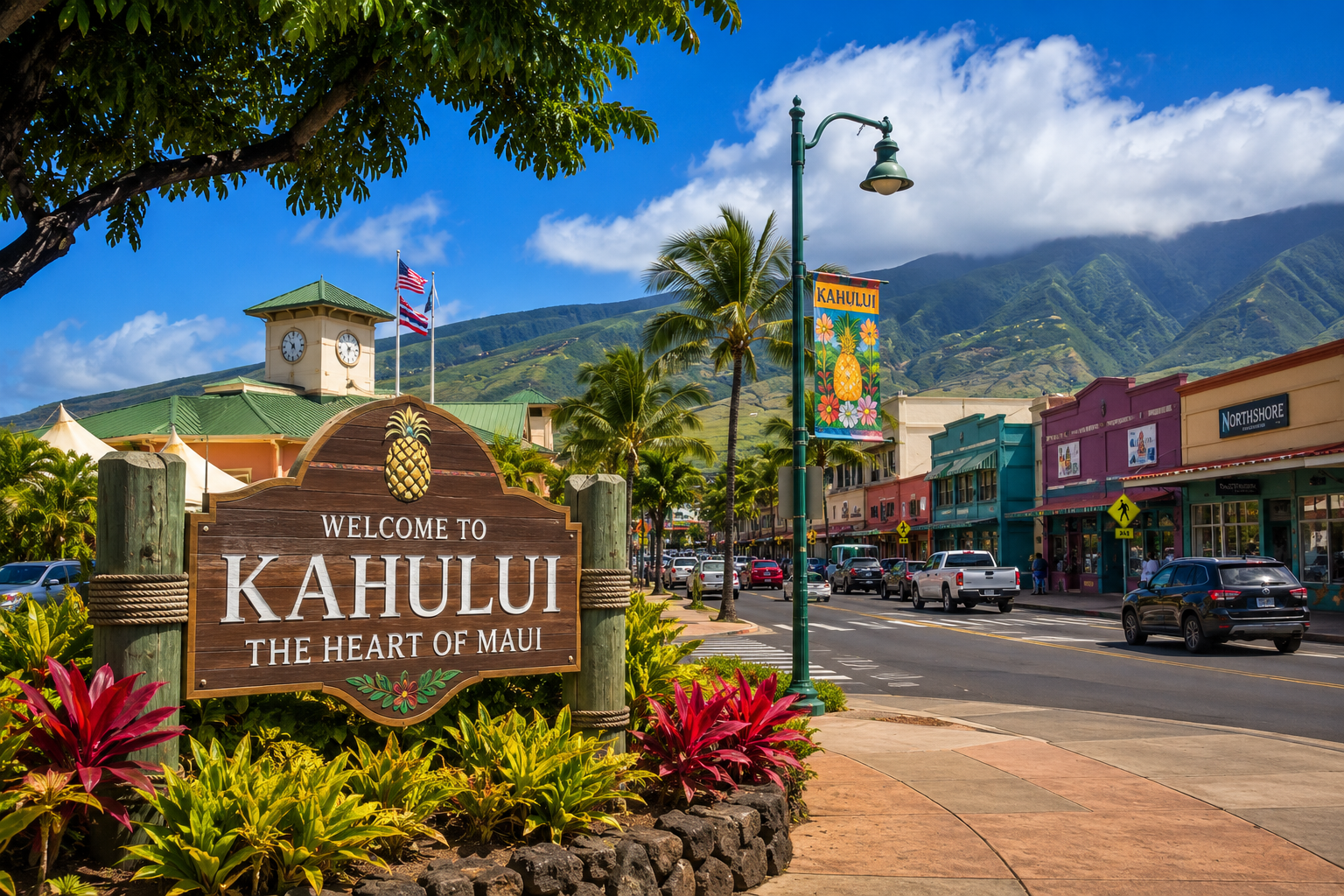 Welcome to Kahului Maui sign with local shops, palm trees, and West Maui Mountains showcasing everyday life in Central Maui