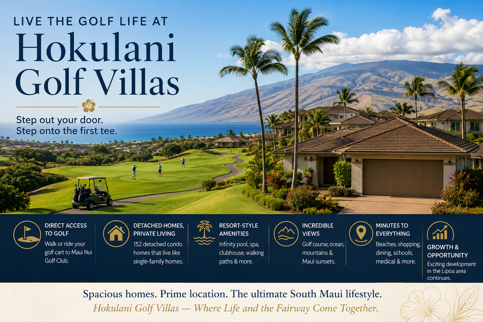 A panoramic view of Hokulani Golf Villas in South Kihei, Maui, featuring detached luxury homes bordering the lush fairways of Maui Nui Golf Club. Palm trees, golfers, and a golf cart overlook the Pacific Ocean with the West Maui Mountains in the background, highlighting the community's resort-style setting, golf course access, and scenic ocean and mountain views.