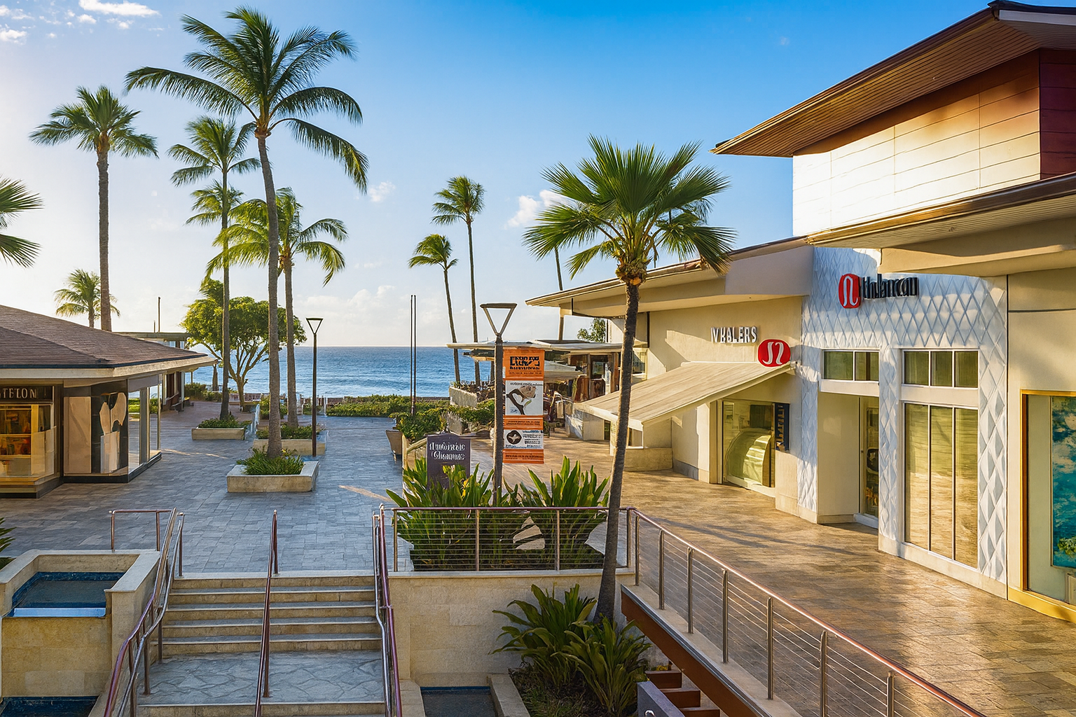 Open-air view of Whalers Village in Kā‘anapali, Maui, with palm trees, luxury shops like Lululemon and Louis Vuitton, and ocean visible in the background.
