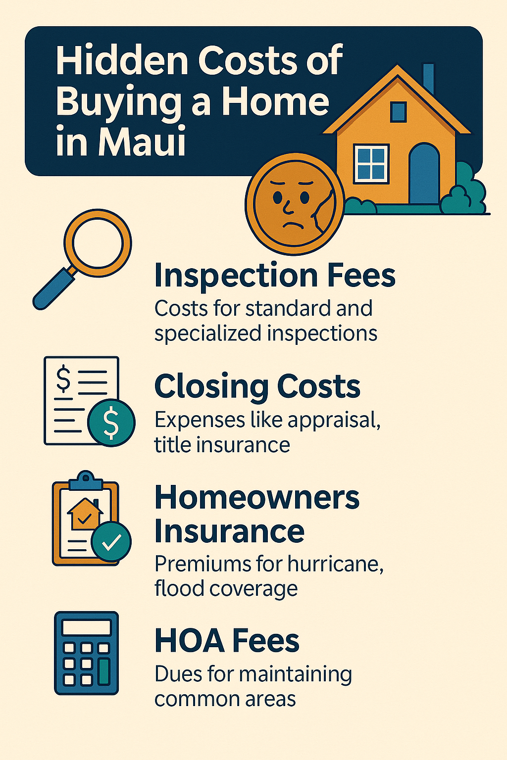 Infographic showing hidden costs of buying a home in Maui, including inspection fees, closing costs, insurance, and HOA dues.