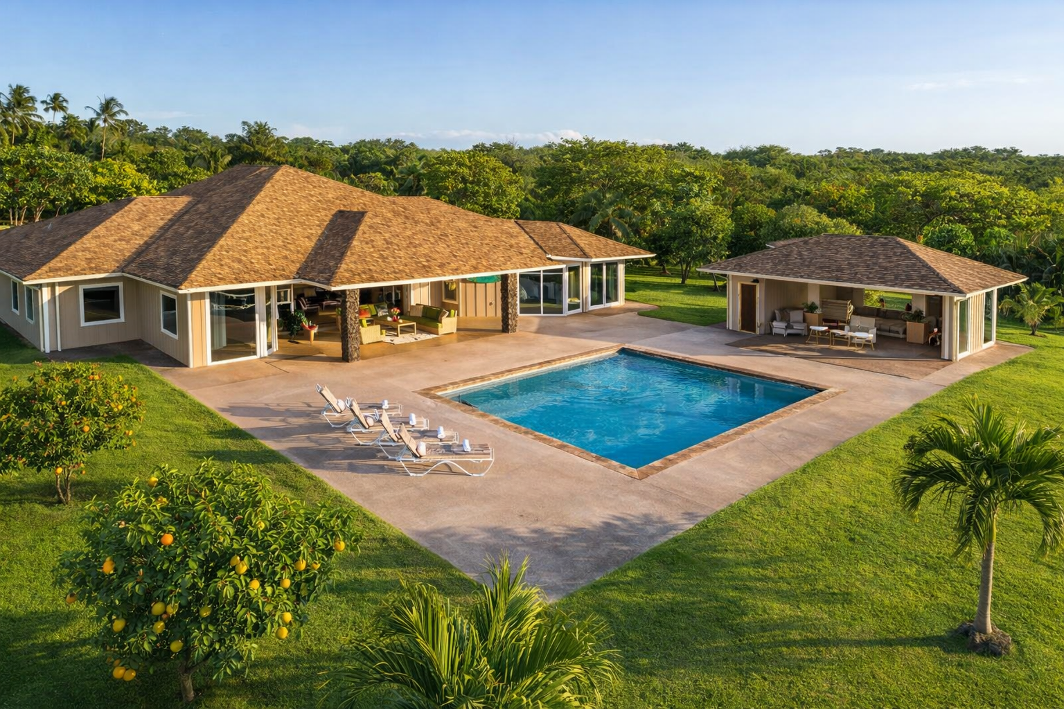 Luxury Maui home with pool, large patio, and tropical landscaping surrounded by fruit trees and open land