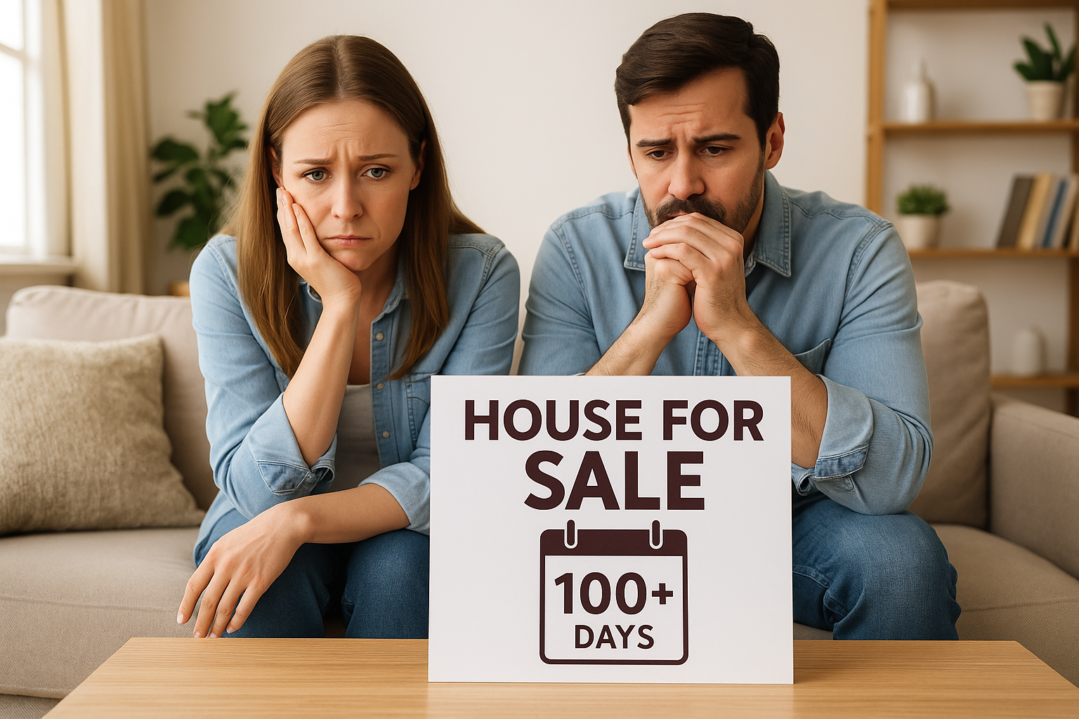 Anxious couple sitting in their Maui home with a 'House for Sale - 100+ Days' sign, illustrating the stress of an unsold property.