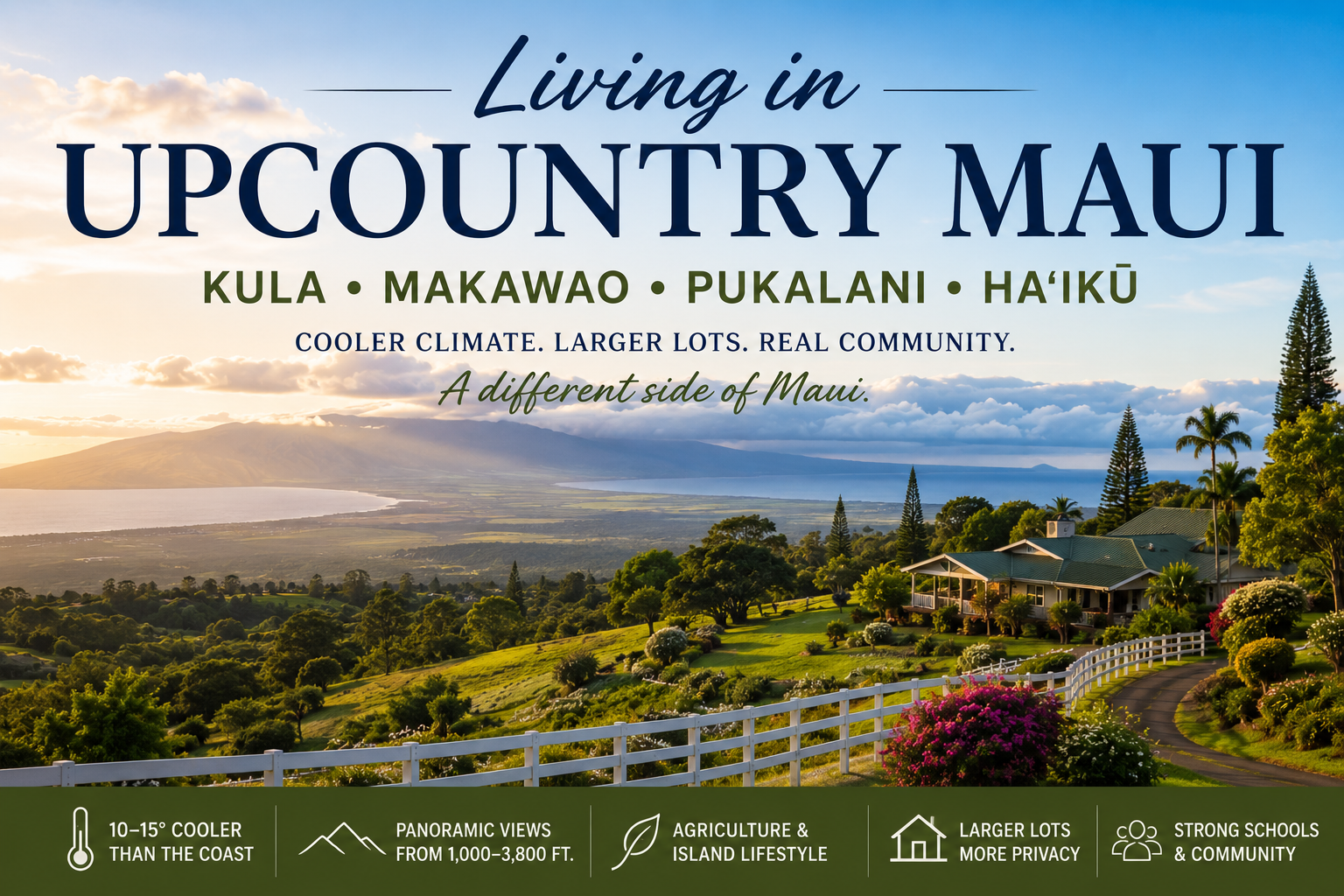 Rolling green hills, ranch land, luxury homes, and panoramic ocean views in Upcountry Maui, showcasing the lifestyle of Kula, Makawao, and Pukalani.