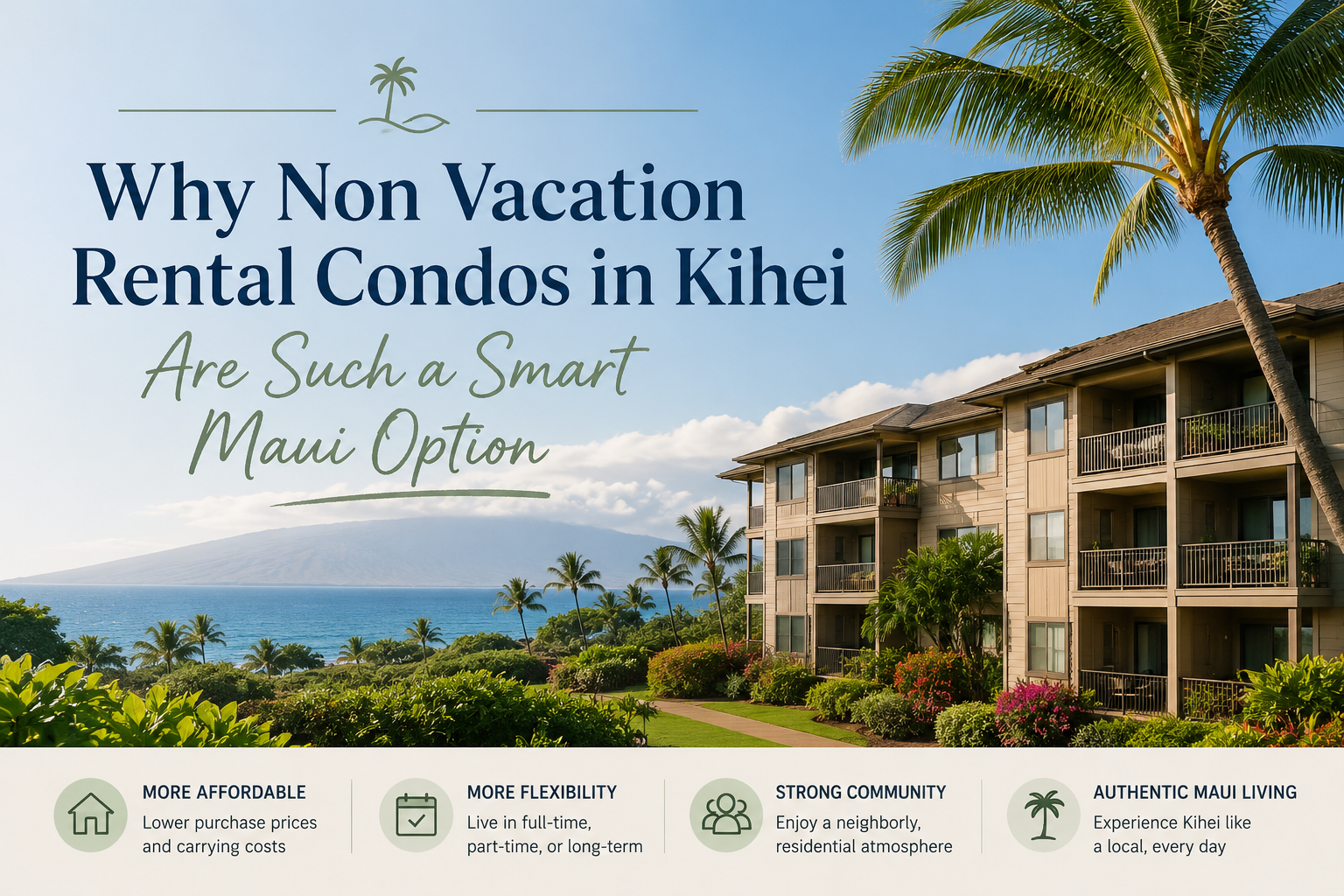 Tropical oceanfront condo complex in Kihei, Maui, with palm trees, lush landscaping, and mountain views under a clear blue sky.