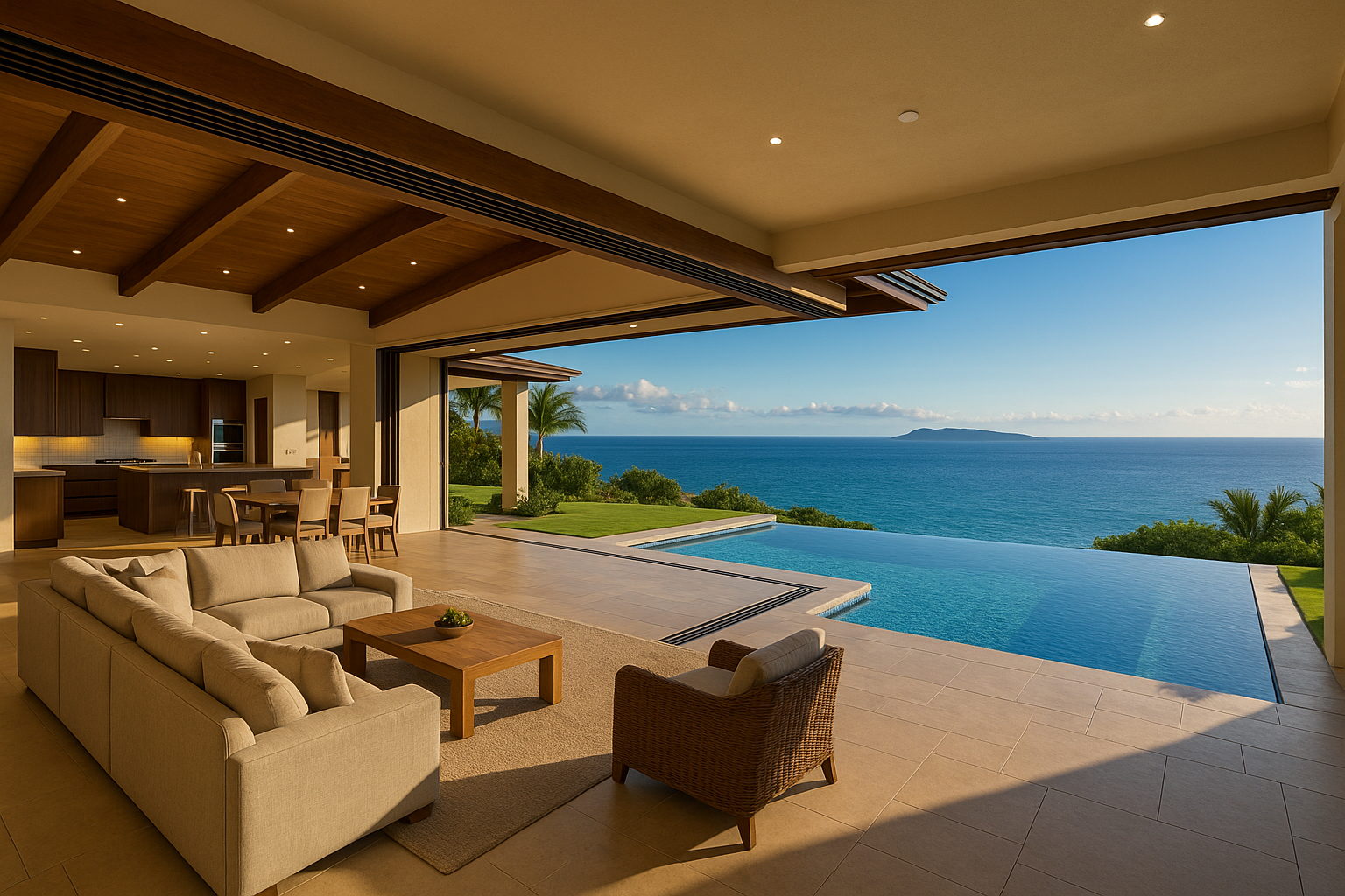 Open-concept luxury home in Wailea with infinity pool and panoramic ocean view facing Molokini Crater