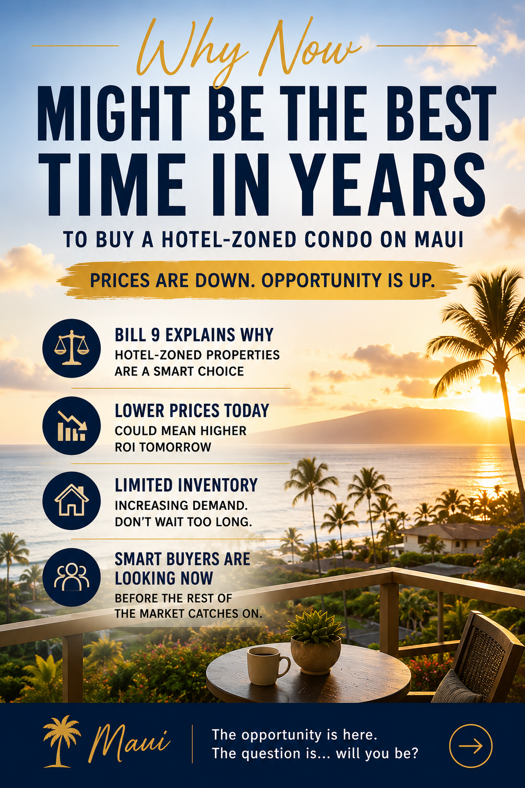 Sunset view over South Kihei on Maui promoting why now is a great time to buy hotel-zoned condos with Bill 9 creating new investment opportunities.