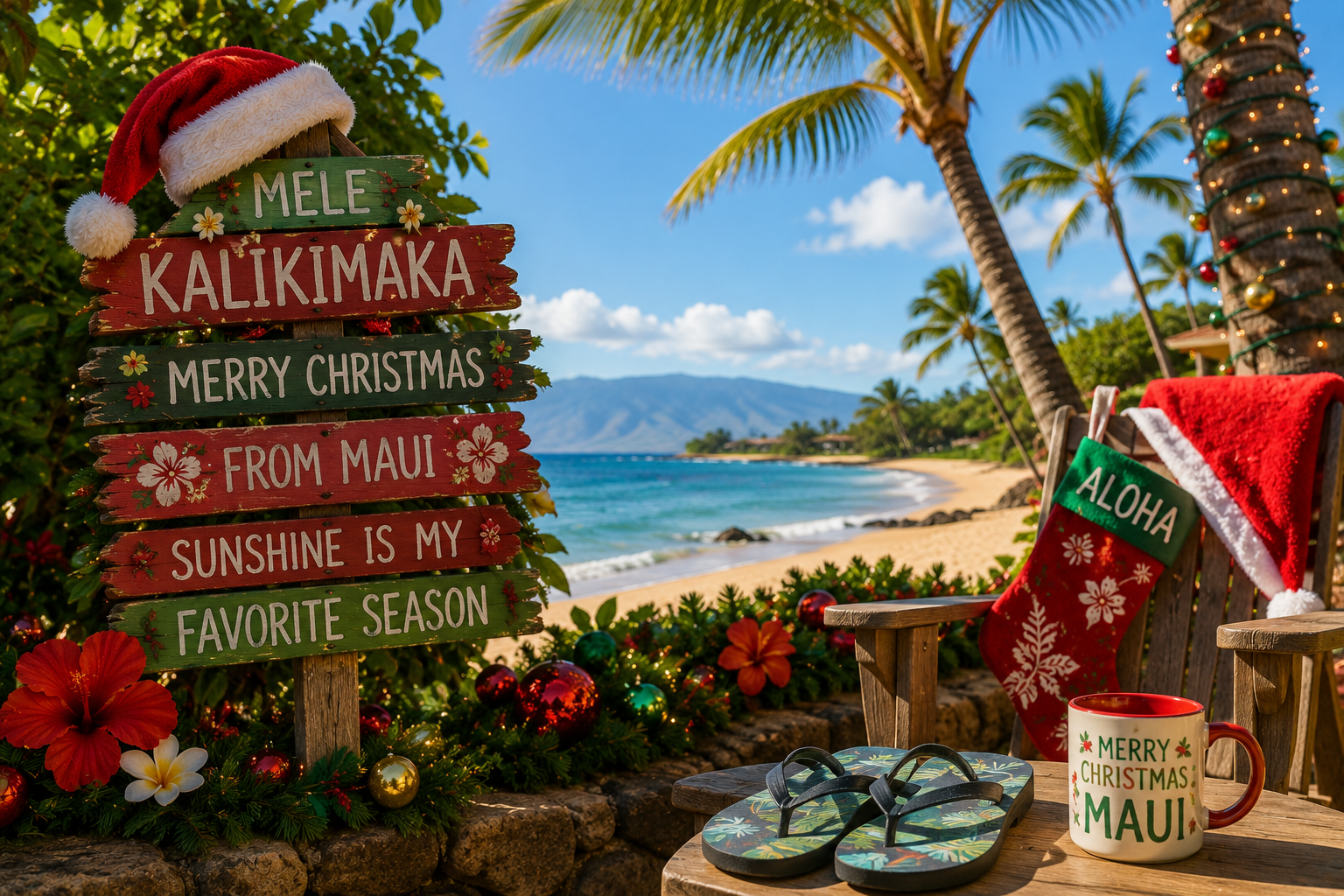 Christmas on Maui featuring palm trees, beach decorations, slippers, and tropical holiday lifestyle in Hawaii