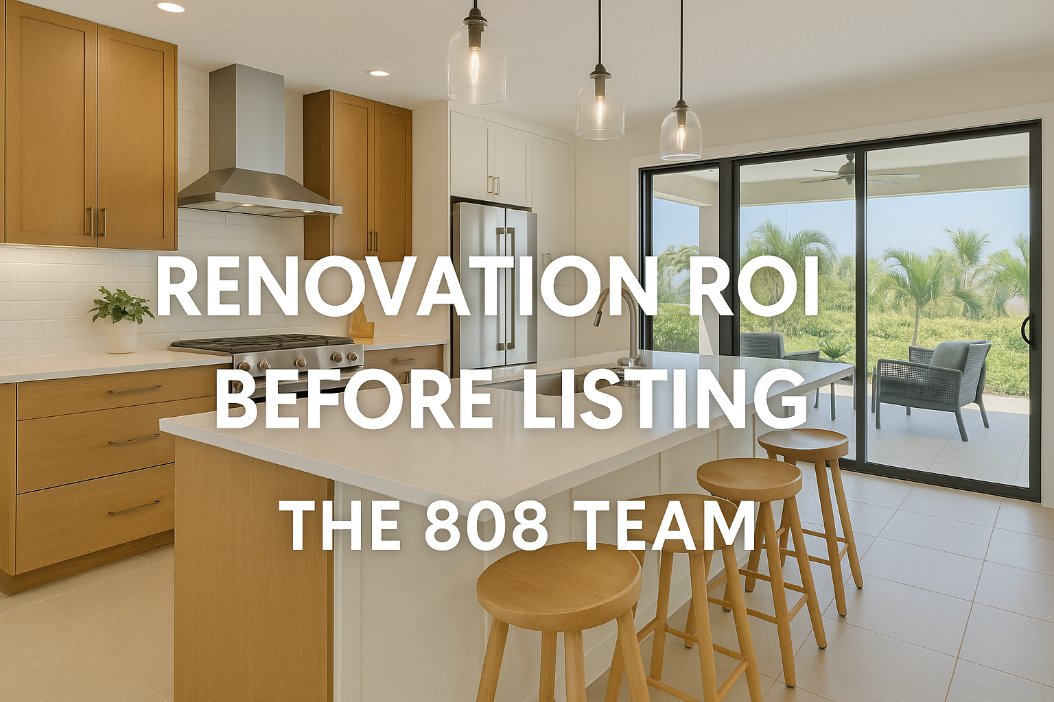 Modern Maui kitchen renovation with island seating and sliding doors opening to a tropical lanai, used in The 808 Team’s blog about maximizing renovation ROI before listing your home.