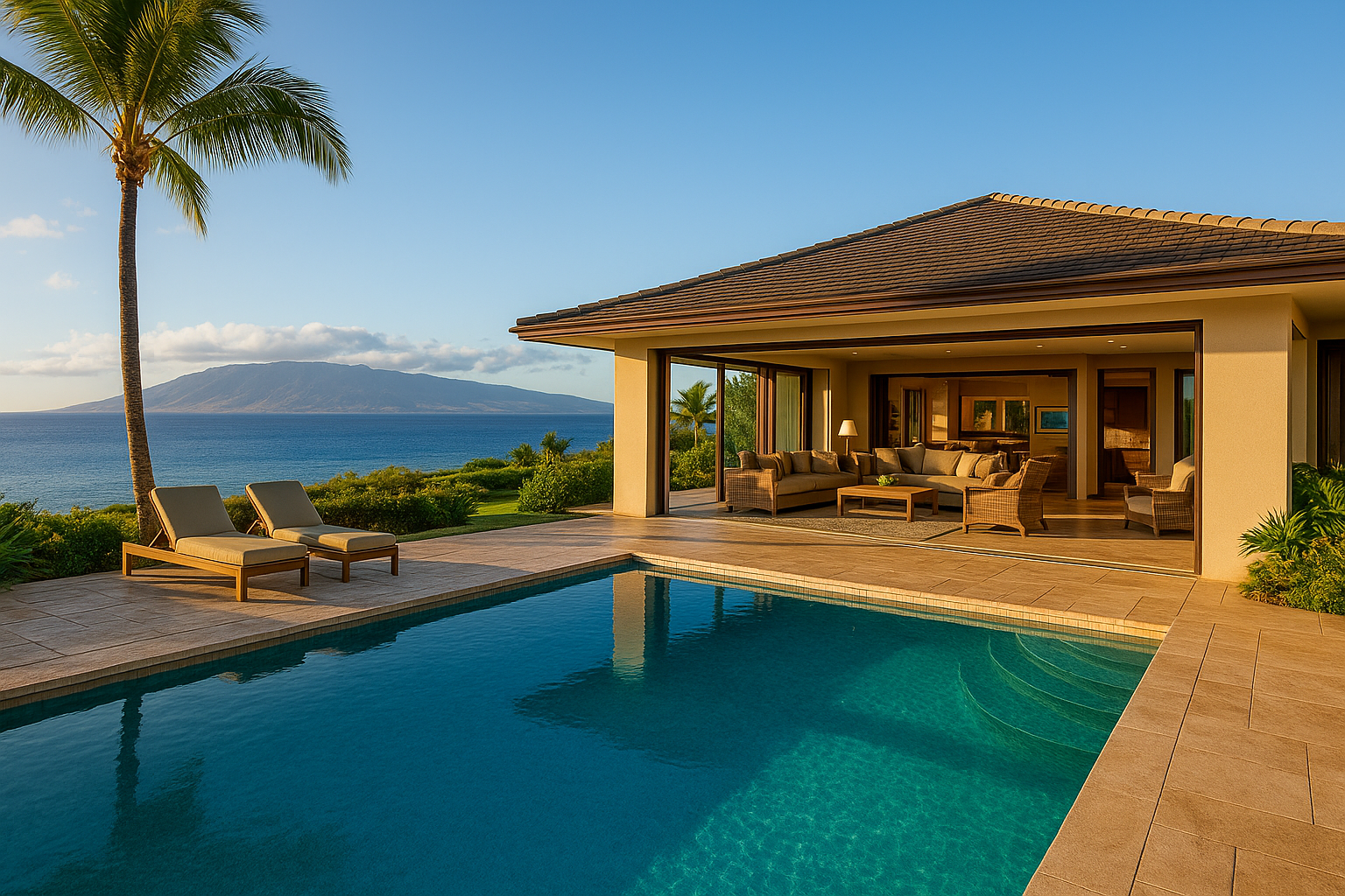 Luxury Maui home with an ocean-view pool and clear sightline to the island of Lanai at sunse