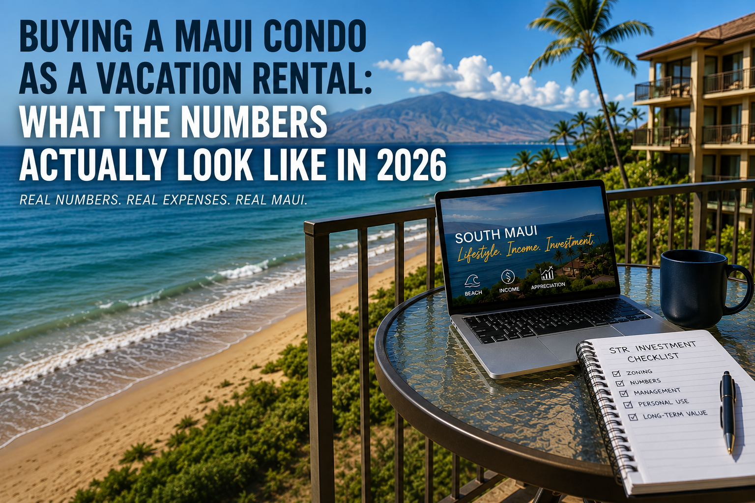 Buying a Maui condo as a vacation rental in 2026, featuring an oceanfront South Maui condo view, investment checklist, and vacation rental income analysis.
