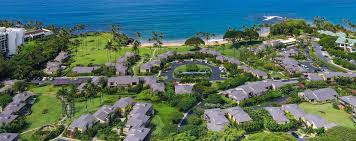 Aerial view of Wailea Elua Village oceanfront condos along Ulua Beach in Wailea Maui