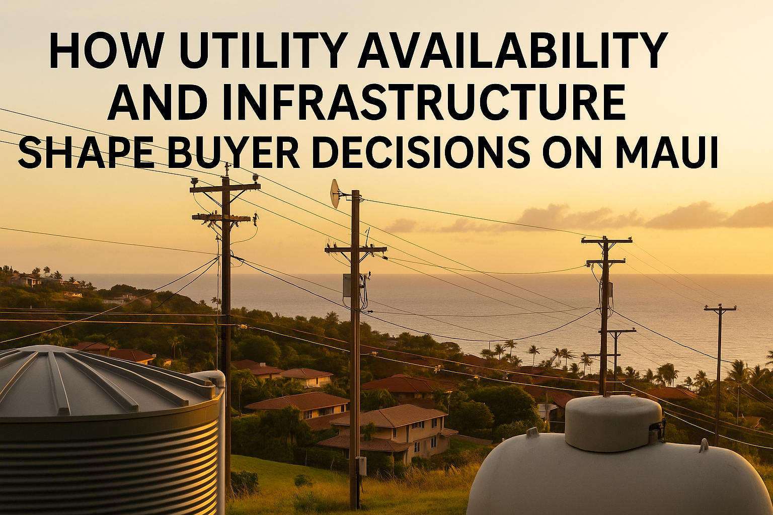 Maui hillside neighborhood at sunset with water tanks, utility poles, and ocean views, illustrating how utility infrastructure influences homebuyer decisions on the island.