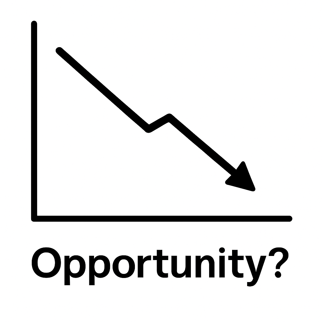 Visual of a Maui housing market decline with the word ‘Opportunity?’ highlighting buyer potential during a price drop.