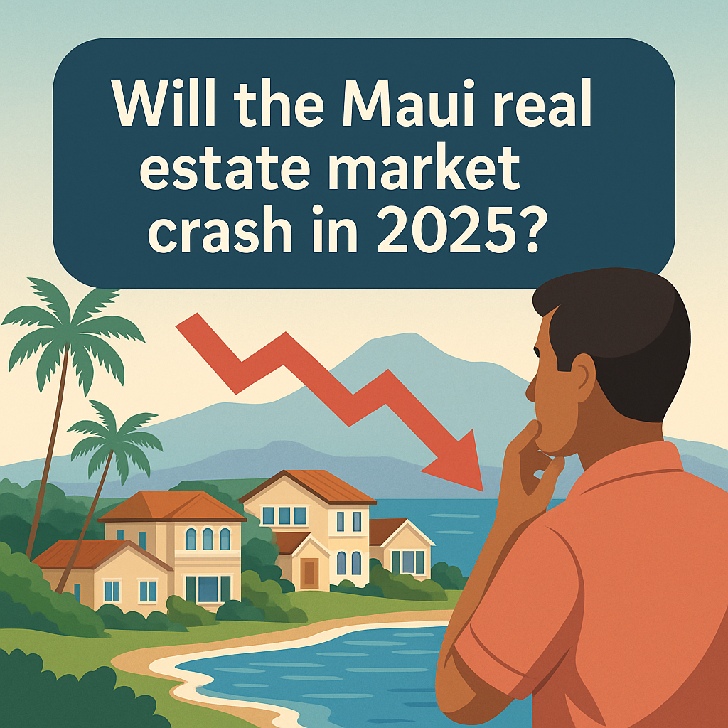 llustration of a man contemplating a housing market decline in Maui, with tropical homes, palm trees, and a red downward arrow overlaid with the question “Will the Maui real estate market crash in 2025?”