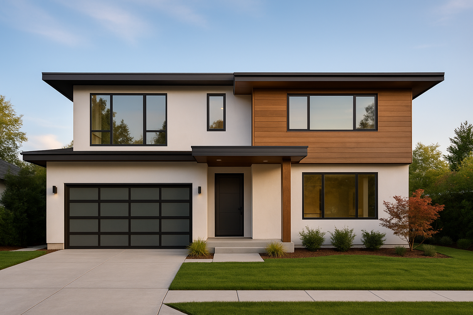 “Modern two-story Upstate South Carolina home with fresh landscaping on an early-fall evening.”