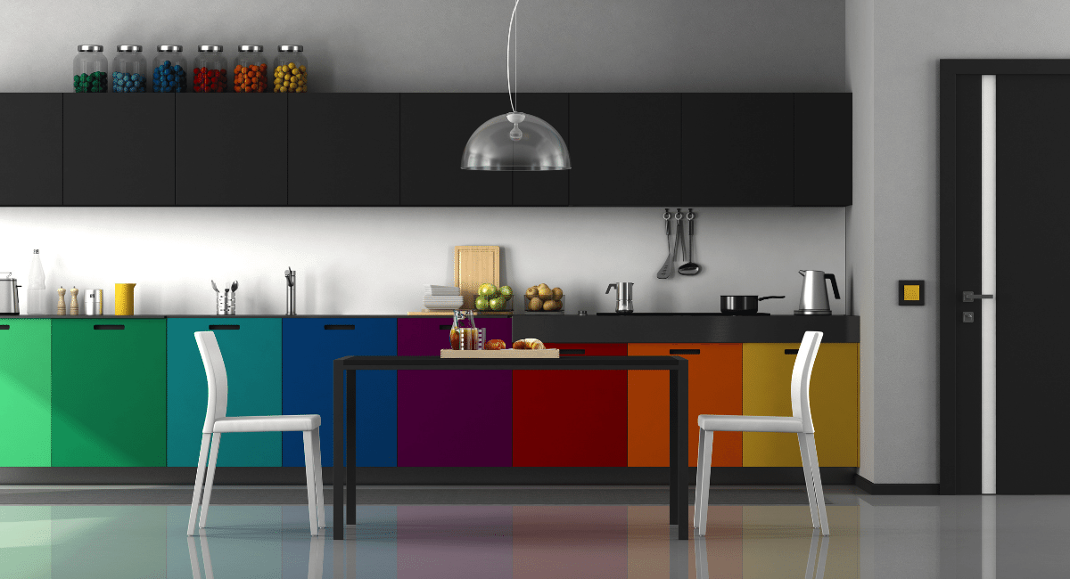 Kitchen Painted with Rainbow Colours on lower cabinets