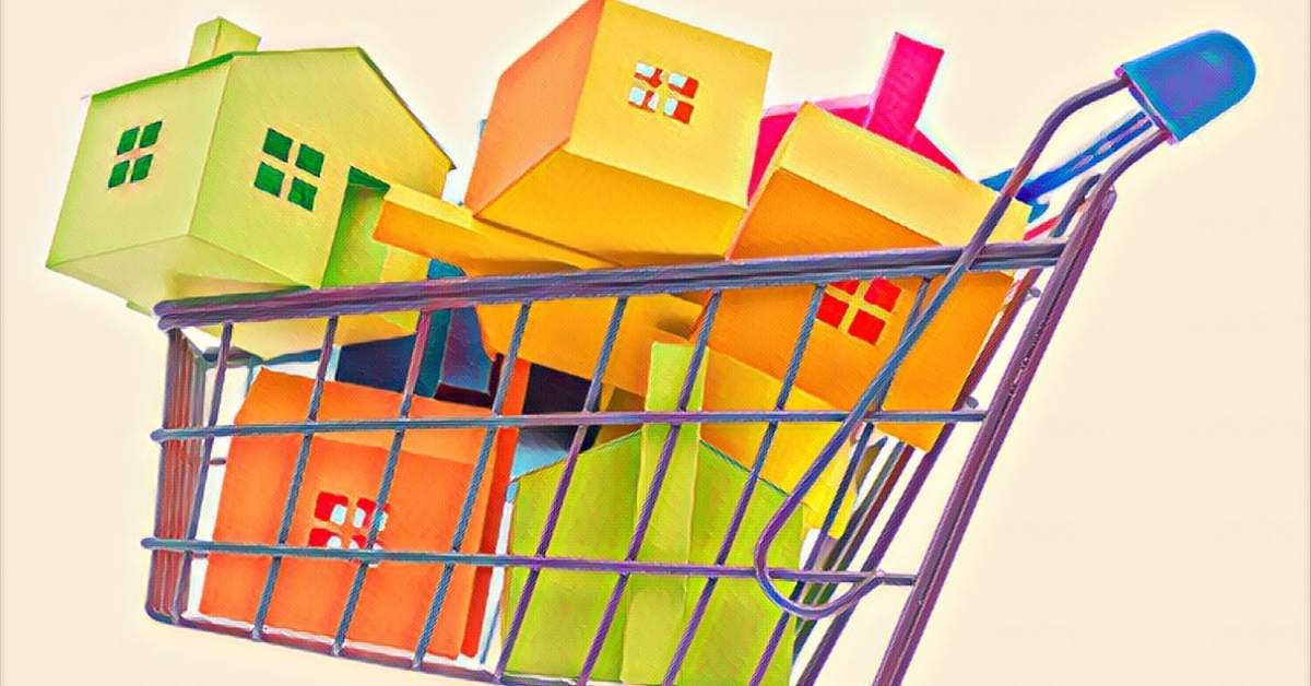 Shopping Cart Graphic full of brightly coloured houses