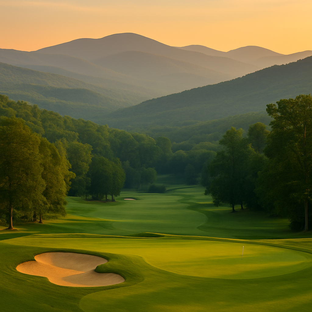 A sweeping golf course set against a backdrop of rolling mountains at sunset in Western North Carolina. The lush green fairways wind through natural hills, with bunkers and trees adding definition to the course. The warm golden light enhances the natural beauty of the Blue Ridge region.