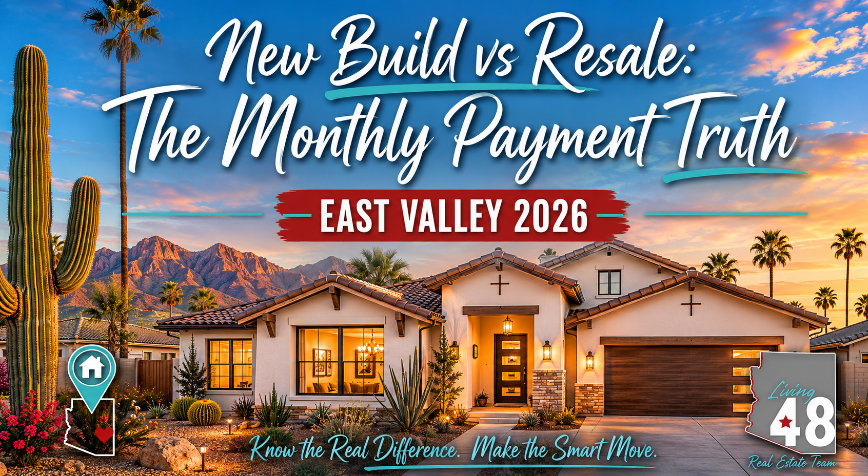 New construction East Valley Arizona home with desert landscaping and mountain views at sunset, featured in a comparison of new-build versus resale home monthly payments.