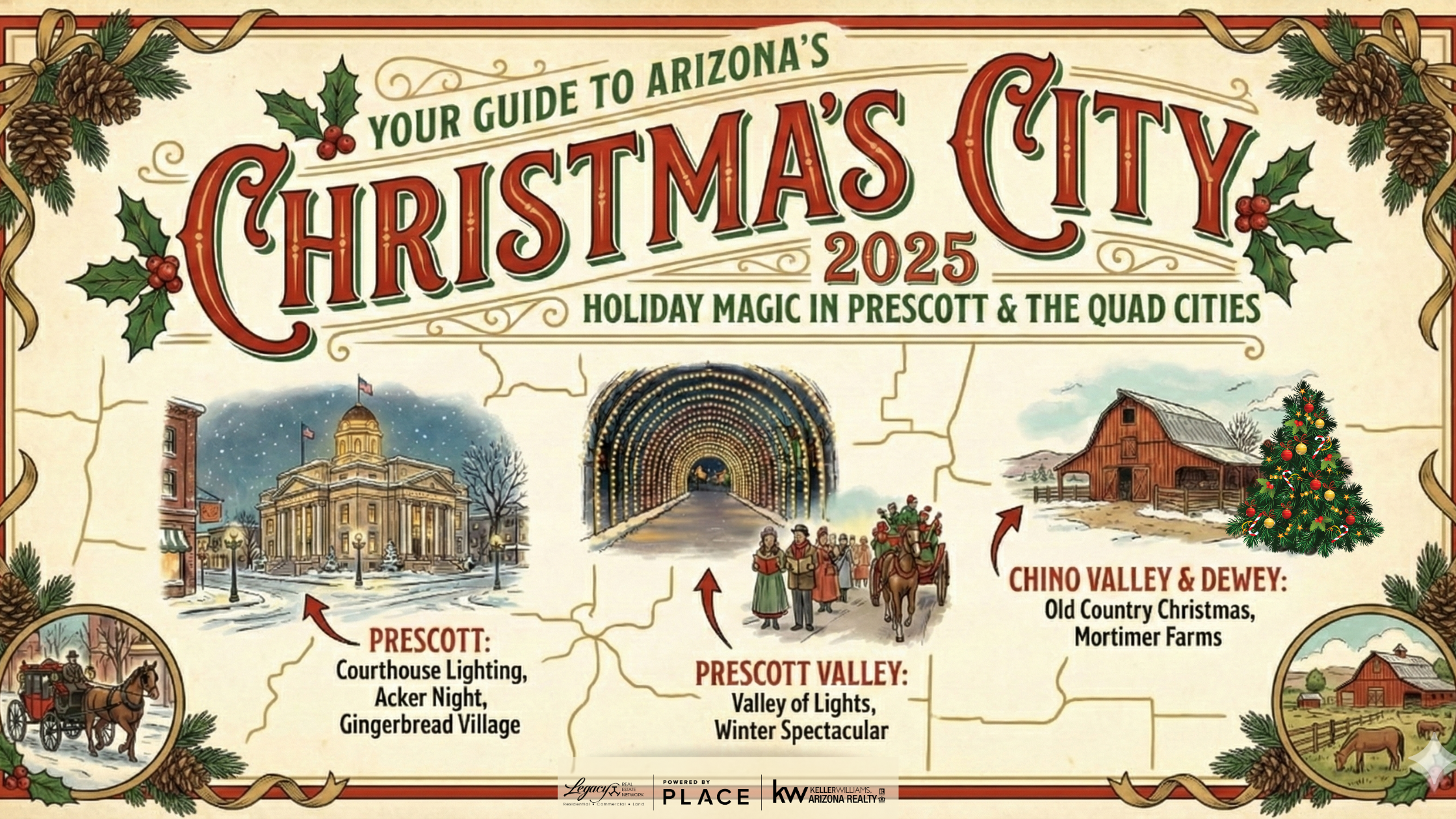 Vintage-style illustrated holiday map titled 'Your Guide to Arizona's Christmas City 2025.' The graphic highlights key events in Prescott, Prescott Valley, and Chino Valley—including the Courthouse Lighting and Valley of Lights—and features the Legacy Real Estate Network logo.