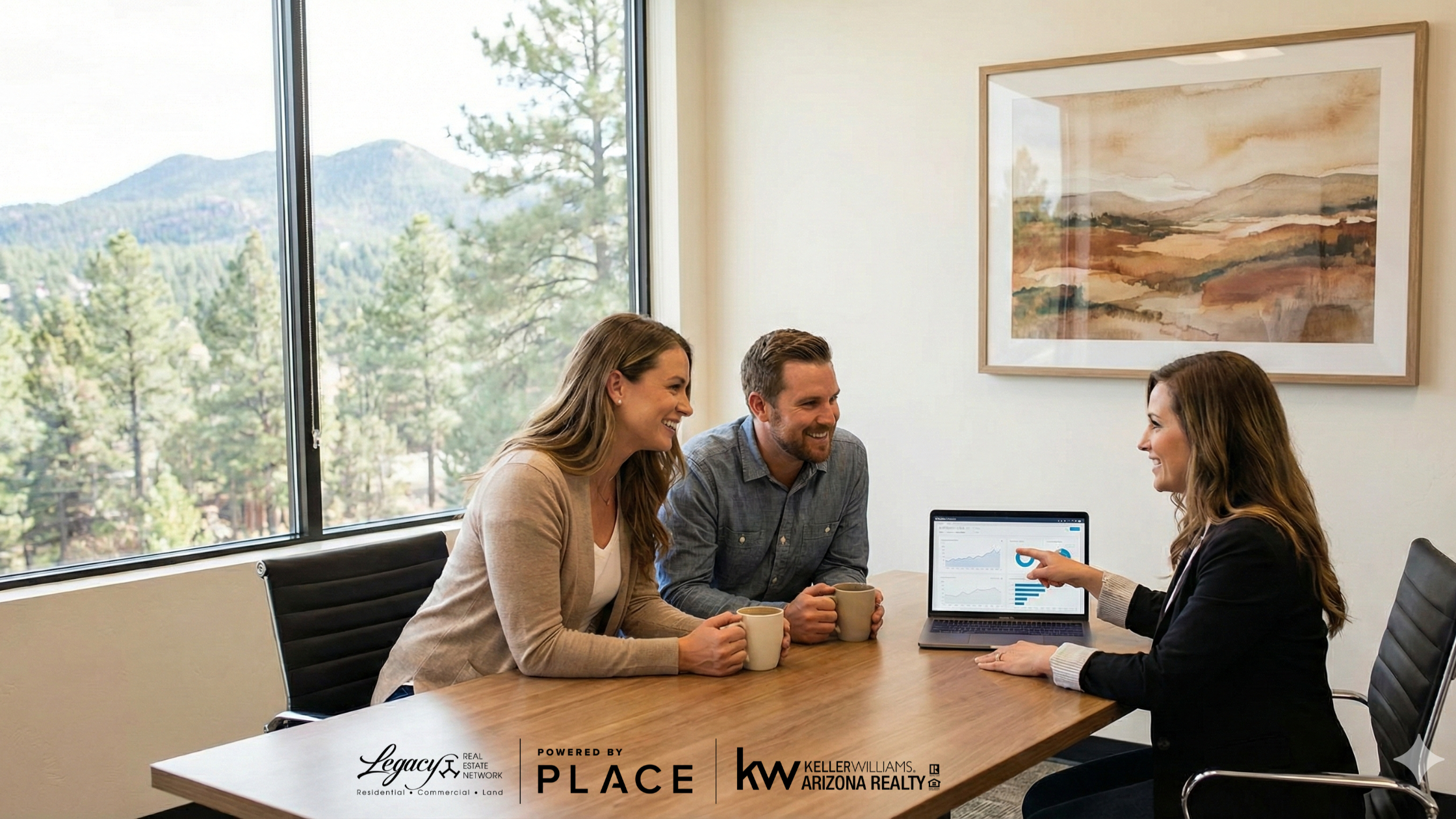 Realtor reviewing the October 2025 Prescott Arizona Real Estate Market Report with a couple in a modern office. They are looking at data charts on a laptop with a view of Prescott pines in the background.