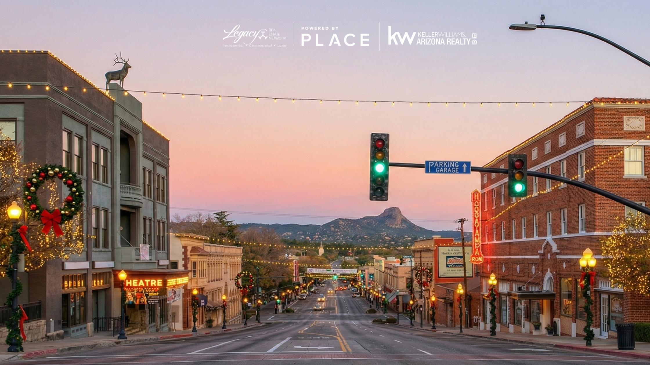 Festive downtown Prescott with view of Thumb Butte