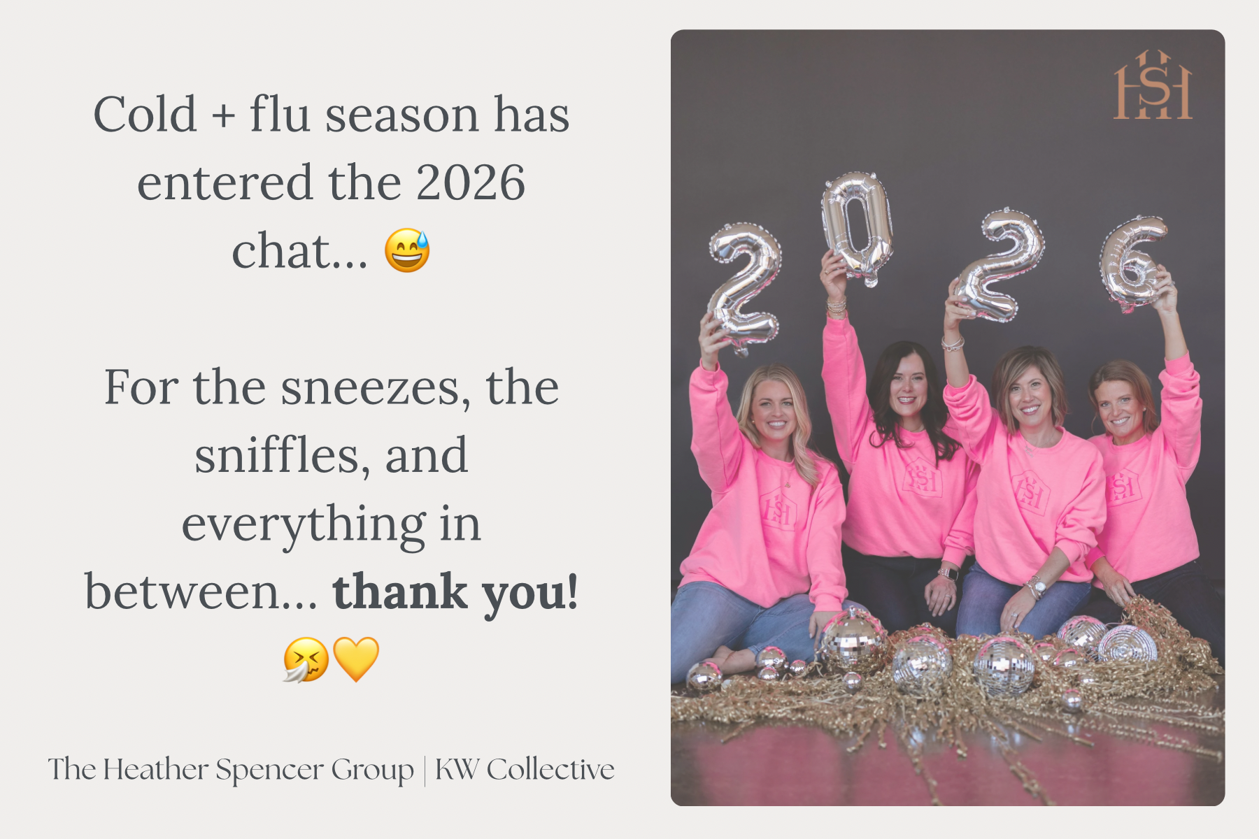Heather Spencer Group team holding “2026” balloons in a thank-you image for teachers during cold and flu season