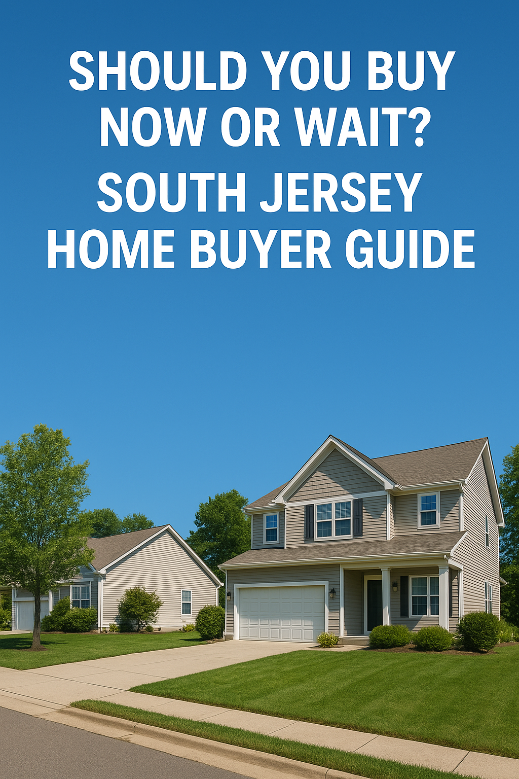 Suburban South Jersey neighborhood with single-family homes, lawns, and trees set against a clear blue sky overlaid with the text: “SHOULD YOU BUY NOW OR WAIT? SOUTH JERSEY HOME BUYER GUIDE”