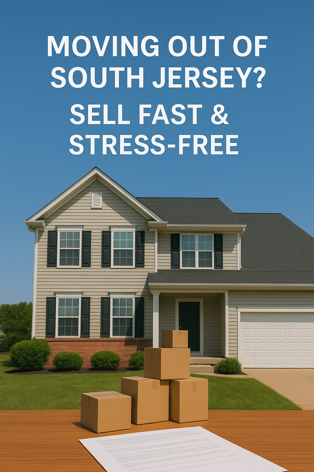 South Jersey suburban home with moving boxes on the porch, set against a clear blue sky, overlaid with the text: “MOVING OUT OF SOUTH JERSEY? SELL FAST & STRESS-FREE”