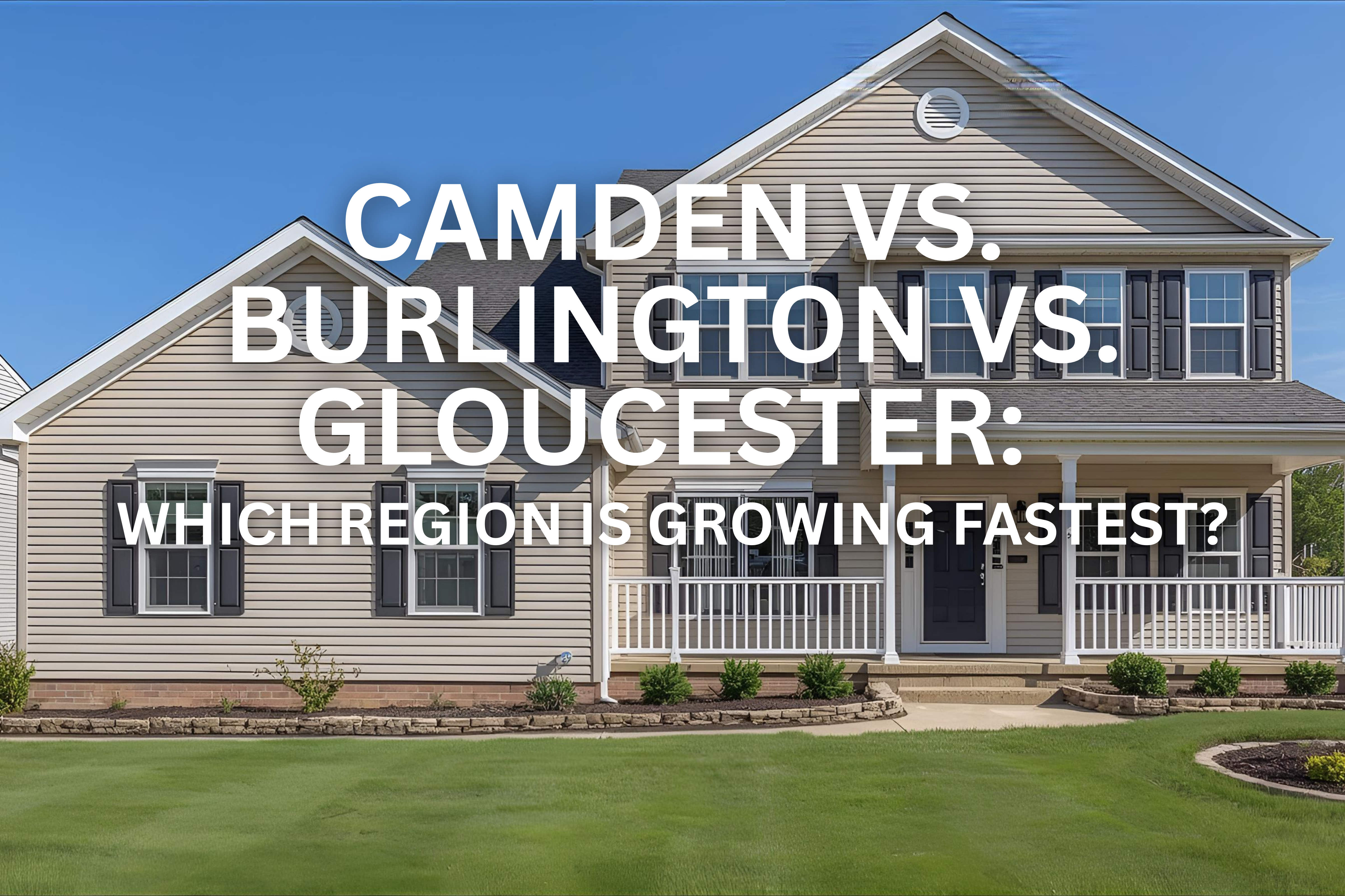 Modern two-story South Jersey suburban home with light siding, dark shutters, and a white covered porch, set against a bright blue sky, overlaid with the text: 'CAMDEN VS. BURLINGTON VS. GLOUCESTER: WHICH REGION IS GROWING FASTEST?'