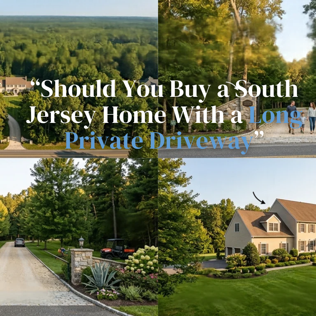 A South Jersey home set back from the road at the end of a long private driveway lined with mature trees and landscaped grounds, illustrating the privacy, maintenance, and access considerations buyers should evaluate, overlaid with the text: “Should You Buy a South Jersey Home With a Long Private Driveway?” 