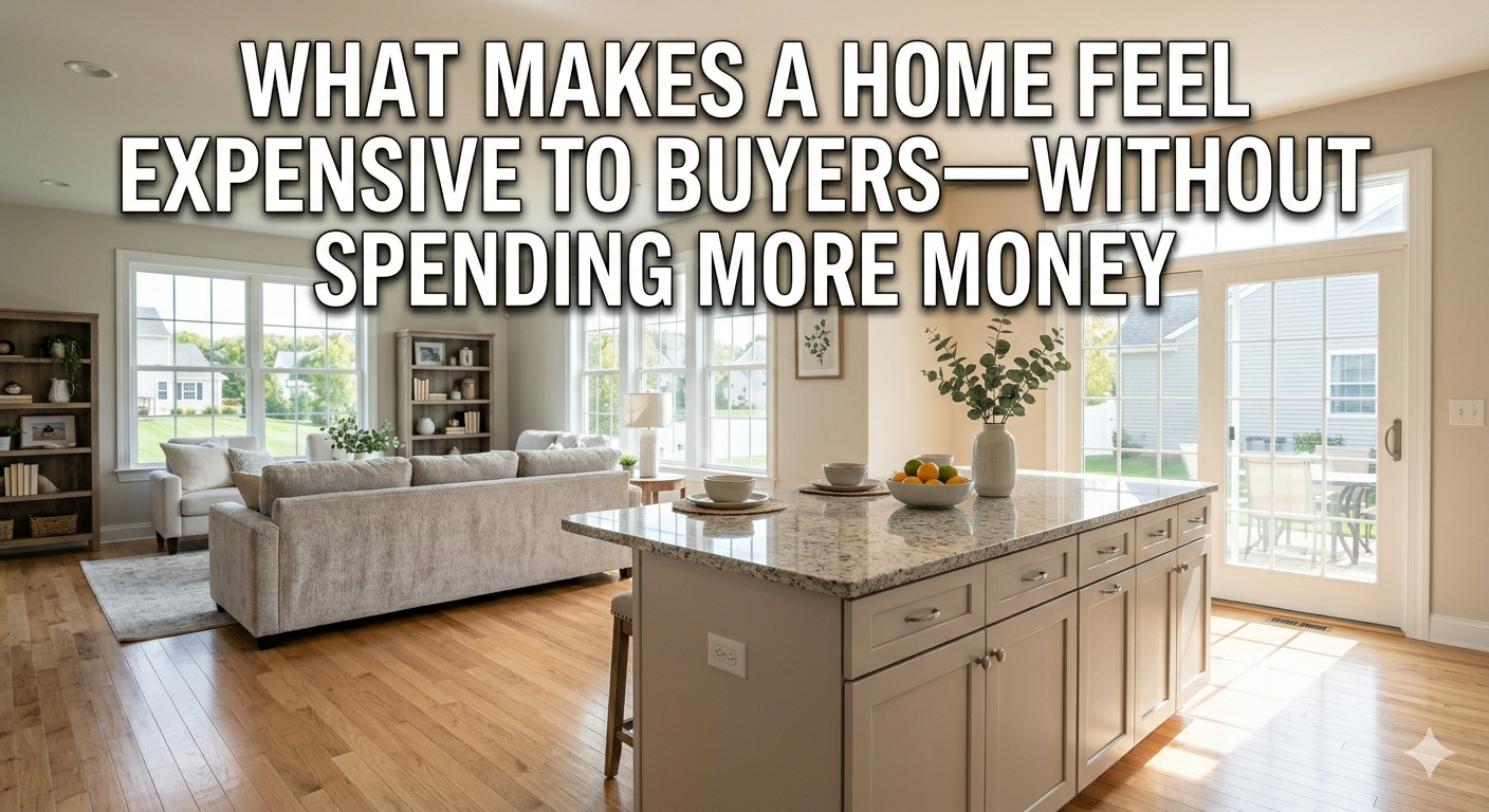 Bright, well-staged South Jersey home interior with natural light, clean design, and open layout that creates a luxury feel without high-end upgrades, overlaid with the text: “What Makes a Home Feel Expensive to Buyers—Without Spending More Money”