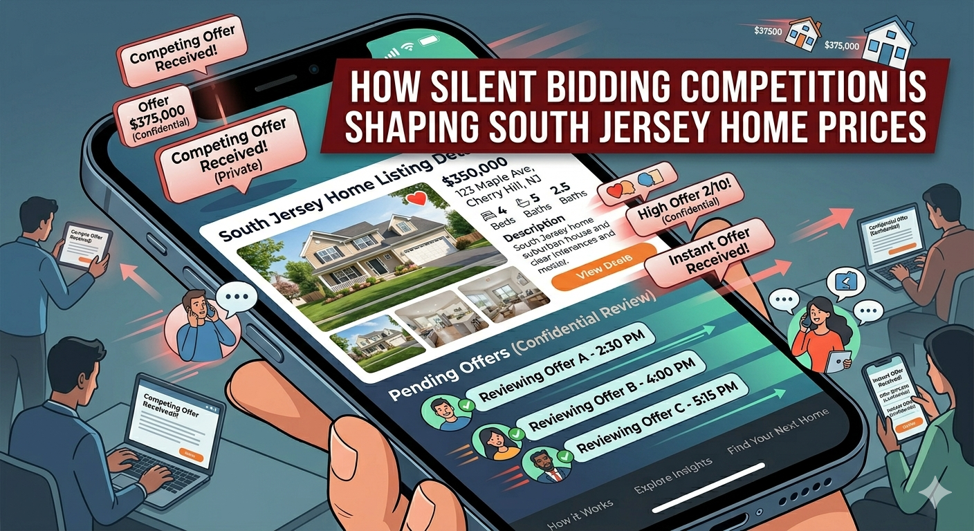 South Jersey home listing surrounded by subtle competing offer notifications, rising price indicators, and buyers reviewing offers privately on laptops and smartphones, illustrating silent bidding competition influencing home prices, overlaid with the text: “How Silent Bidding Competition Is Shaping South Jersey Home Prices”