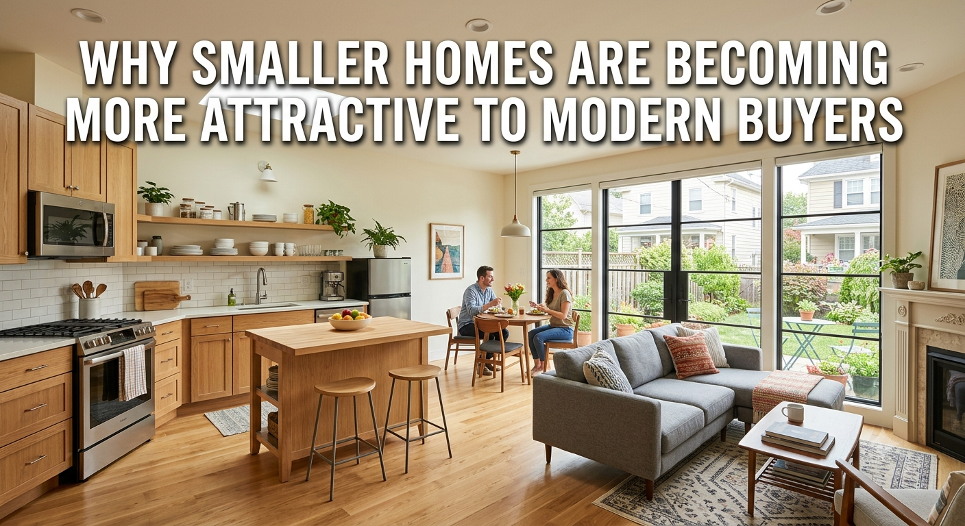 A bright, thoughtfully designed South Jersey home with an open floor plan, efficient kitchen, and comfortable living area, illustrating why smaller homes are becoming more attractive to modern buyers, overlaid with the text: “Why Smaller Homes Are Becoming More Attractive to Modern Buyers. 