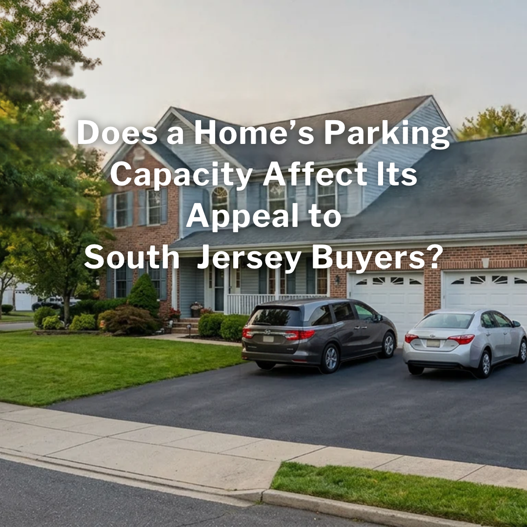 A South Jersey suburban home with a two-car garage and a wide driveway accommodating multiple vehicles, illustrating how driveway size, garage capacity, and available parking can affect homebuyer appeal, overlaid with the text: “Does a Home’s Parking Capacity Affect Its Appeal to South Jersey Buyers?” 
