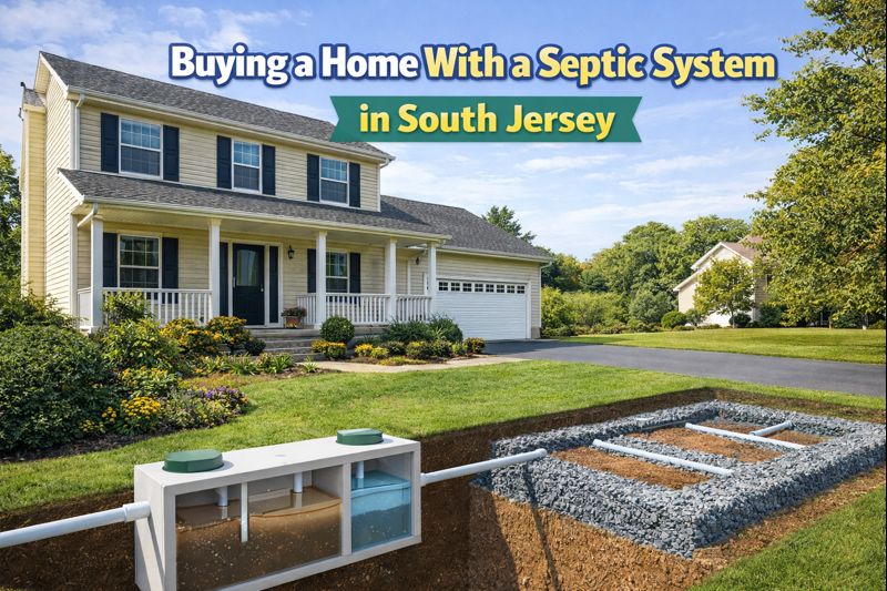 Single-family home in South Jersey with a large yard and subtle illustration of a septic system beneath the ground overlaid with Buying a Home With a Septic System in South Jersey