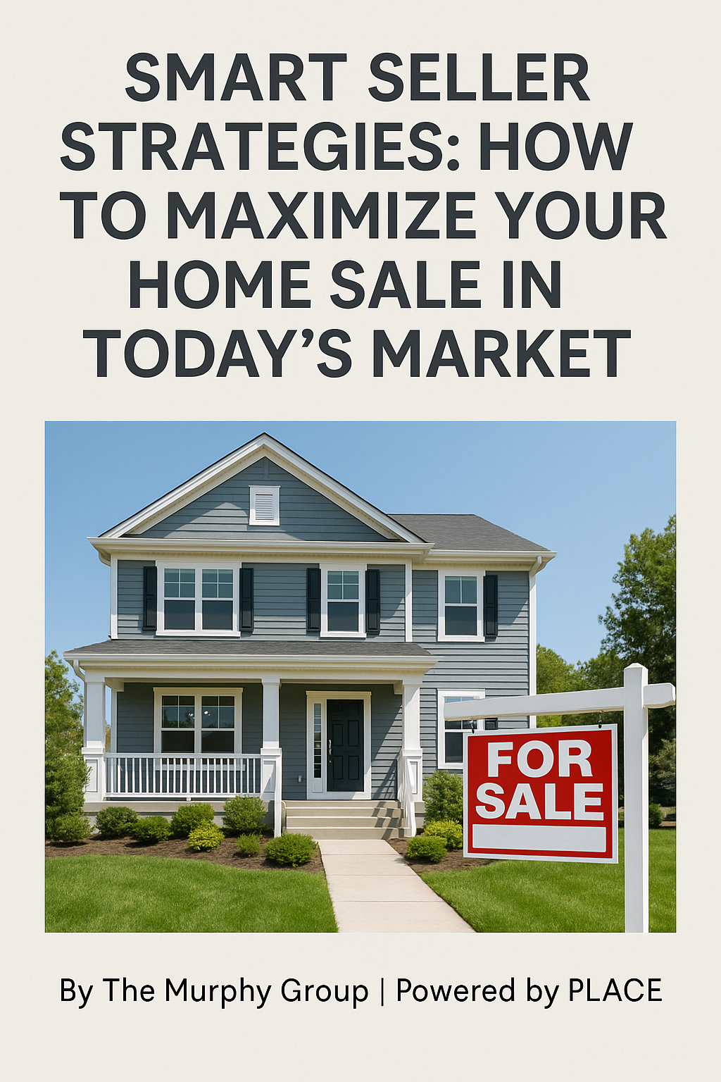 Two-story gray suburban home with white trim, front porch, manicured lawn, and a “For Sale” sign in the yard, representing a well-presented property for sale.