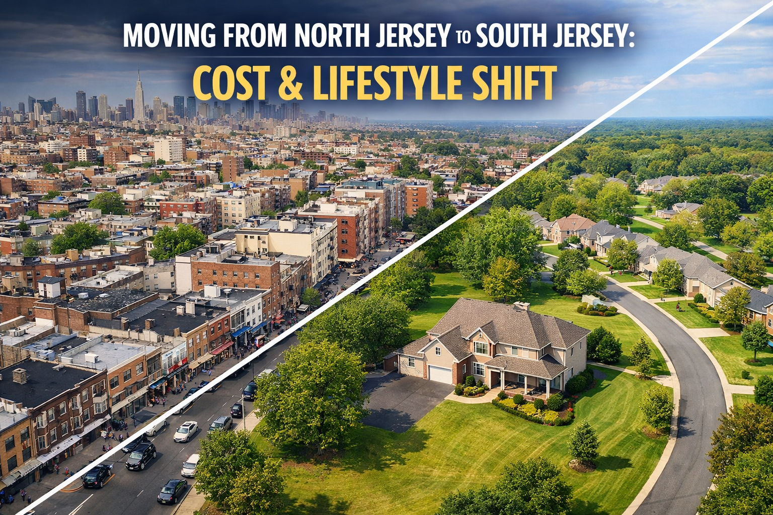 South Jersey suburban home with open space and tree-lined streets contrasted with a denser North Jersey neighborhood, illustrating cost and lifestyle shift Overlay Text: “MOVING FROM NORTH JERSEY TO SOUTH JERSEY: COST & LIFESTYLE SHIFT”